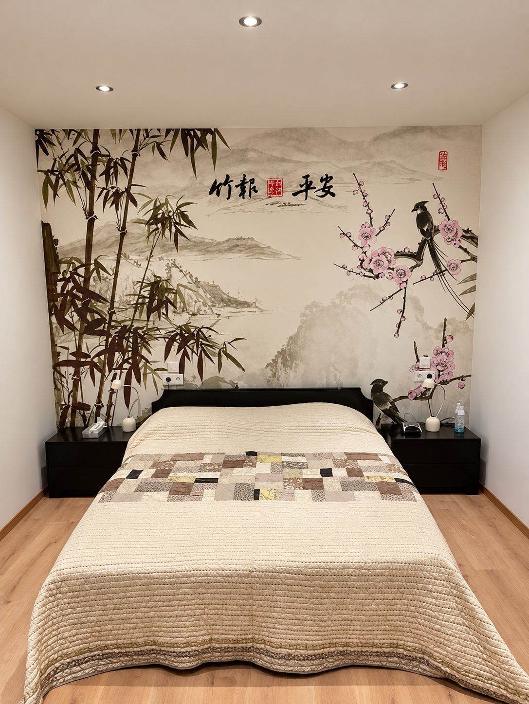 Une chambre au parquet clair avec un lit couvert d’un dessus-de-lit crème patchwork, devant un papier peint panoramique représentant des bambous, des branches fleuries et des oiseaux dans un paysage de montagnes à l’encre.