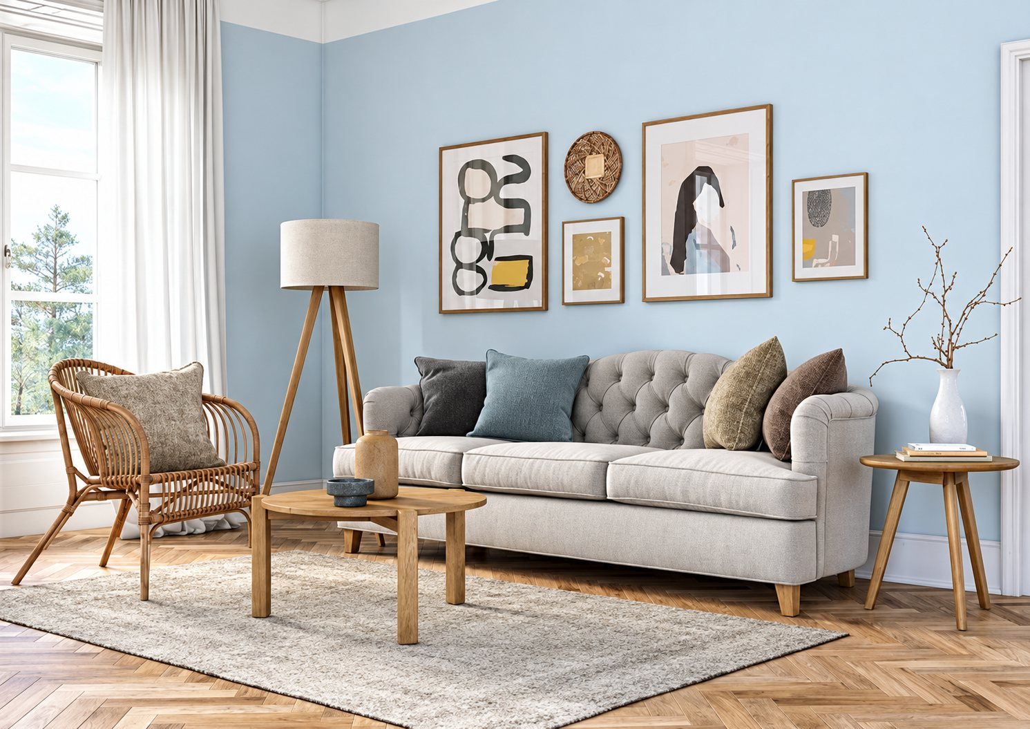 Un salon moderne aux murs bleu pâle meublé d’un canapé capitonné beige, d’un fauteuil en rotin, de tables basses en bois et de cadres décoratifs, sur un parquet en chevrons.